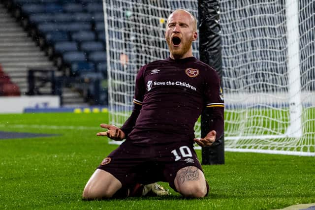 Liam Boyce celebrates after scoring the match-winning penalty against Hibs in the Scottish Cup semi-final at Hampden on October 31. (Photo by Alan Harvey / SNS Group)