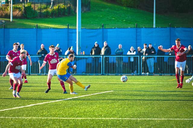 Swifts striker Greig Spence fires home on of his two goals to end Linlithgow Rose's 21-match winning streak. Picture: Swifts FC