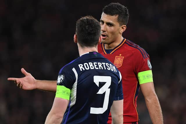Scotland captain Andy Robertson has defended his team's approach and Spain skipper Rodri has been ridiculed for his criticism of the home team at Hampden Park on Tuesday. Picture: Craig Foy / SNS