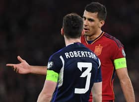 Scotland captain Andy Robertson has defended his team's approach and Spain skipper Rodri has been ridiculed for his criticism of the home team at Hampden Park on Tuesday. Picture: Craig Foy / SNS