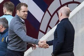 Robbie Neilson shakes hands with Livingston manager David Martindale after his Hearts side emerged victorious from a clash at Tynecastle in March. Picture: SNS