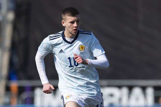 Laidlaw in action for Scotland during a UEFA Under-17 Championship Qualifier against Germany and Scotland in March