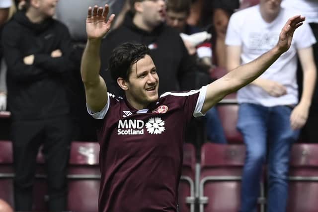 Peter Haring celebrates opening the scoring in Hearts' 3-1 defeat to Rangers at the weekend. Picture: SNS