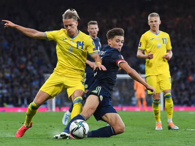 Aaron Hickey challenges Ukraine's Mykhailo Mudryk during the World Cup play-off semi-final defeat at Hampden. It was his first start for Scotland. Picture: Craig Foy / SNS
