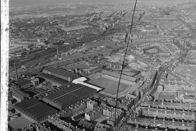 An aerial of Gorgie Road, leading onto Dalry Road with the Hearts football ground in foreground and looking over to the West End, taken in September 1959.