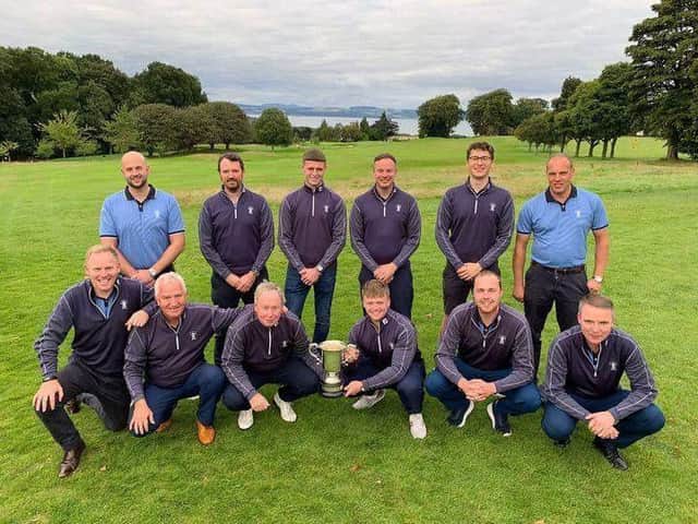 Team captain Gordon Milligan, front row third left, and his Duddingston players celebrate winning the 2021 Edinburgh Summer League at Bruntsfield Links. Picture: Duddingston Golf Club