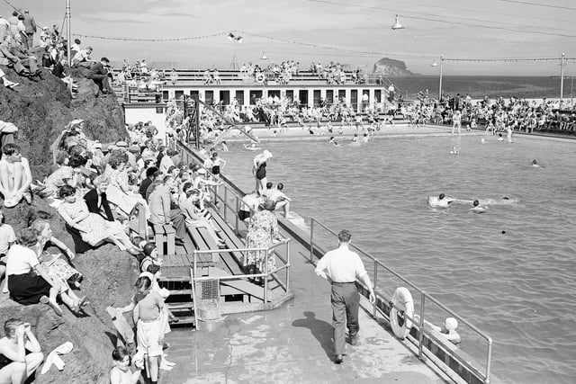 Holidaymakers at North Berwick Open Air Pool in August 1953.