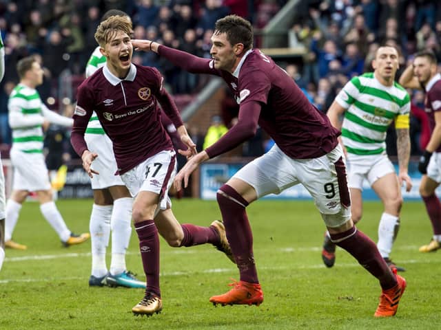 Harry Cochrane celebrates scoring the winner for Hearts against Celtic at Tynecastle Park. Picture: SNS