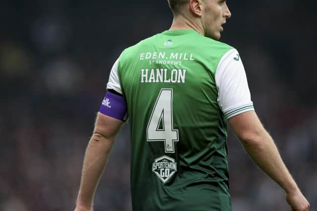 The SportemonGo logo can be seen on the lower rear of Hibs captain Paul Hanlon's shirt