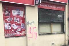 Swastika on the USave store on the corner of London and Easter Road