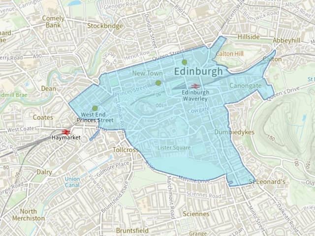 A map shows the boundaries of Edinburgh's Low Emission Zone covering 1.2 square miles of the city centre.