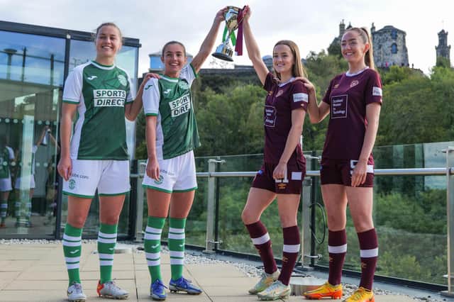 Eilidh Adams and Shannon Leishman of Hibs alongside Hearts pair Gwen Davies and Georgia Hunter at the launch of the Capital Cup. Picture: Contributed