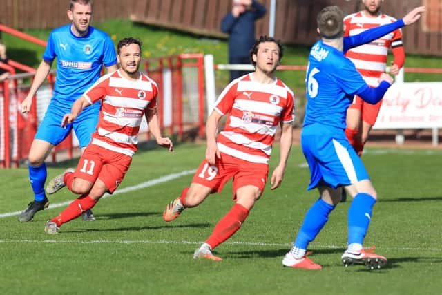 Bonnyrigg Rose brothers Ross and Scott Gray in action for Bonnyrigg Rose against Bo'ness United. Picture: Joe Gilhooley LRPS