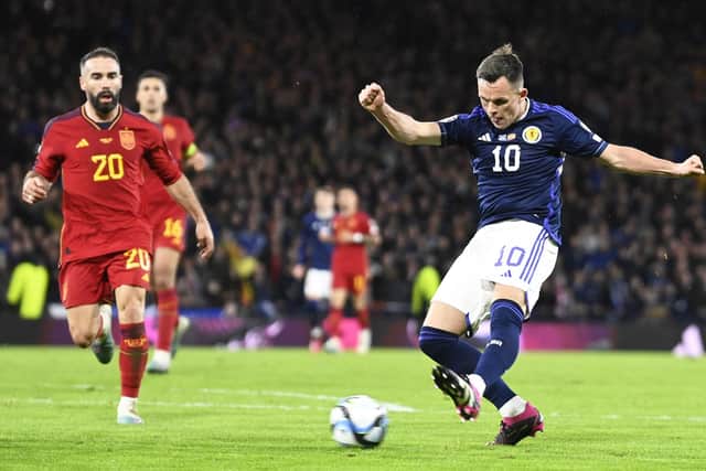 Lawrence Shankland shooting for goal in Scotland's 2-0 victory over Spain at Hampden Park. Picture: SNS
