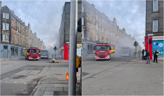 Fire services were in attendance after a bus went up in flames in Edinburgh on Sunday afternoon. Photo: @AngelaS09, Twitter