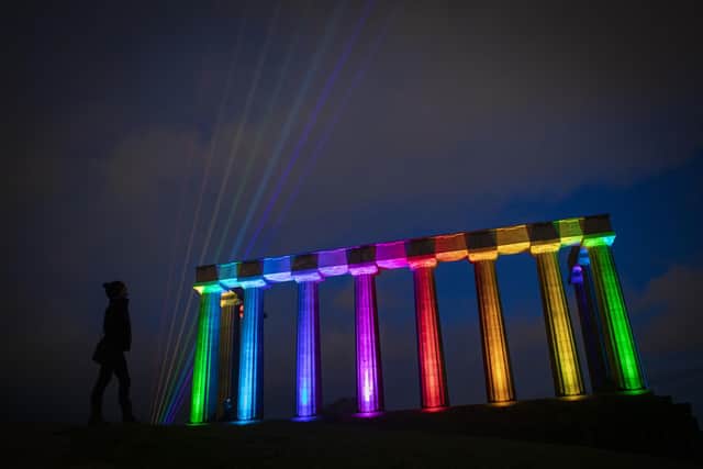 The National Monument on Calton Hill was lit up by the Global Rainbow.