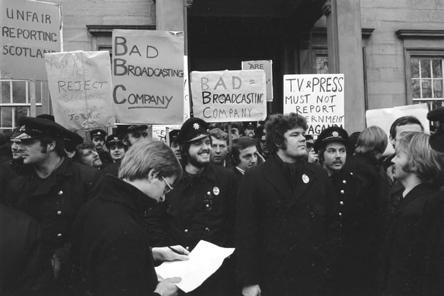 Scottish firemen protest outside the BBC's Queen Street offices about the broadcaster's reporting of the firemen's strike in January 1978.