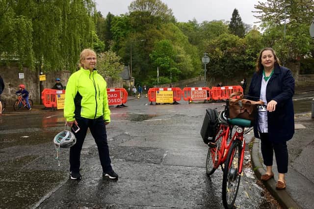Councillors Melanie Main and Lesley Macinnes at the Braid Road road closure, designed to aid social distancing and active channel