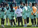 Hibs manager Lee Johnson speaks to his players during an open training session at Easter Road ahead of Friday's match against St Johnstone, the first in Scottish domestic football when VAR will be deployed. Picture: Mark Scates / SNS