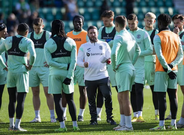 Hibs manager Lee Johnson speaks to his players during an open training session at Easter Road ahead of Friday's match against St Johnstone, the first in Scottish domestic football when VAR will be deployed. Picture: Mark Scates / SNS
