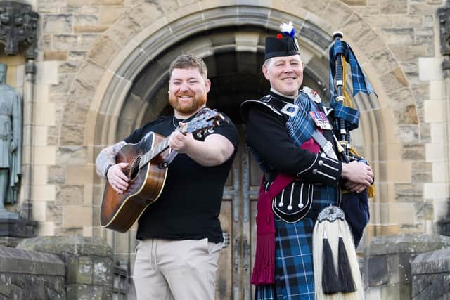 Britains Got Talent semi-finalist Cammy Barnes gets in some practice at Edinburgh Castle with Royal Edinburgh Military Tattoo Piper Stevie Small (Photo: Ian Georgeson)