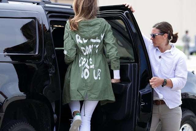 Amid the public outcry that the US government were separating migrant children from their families,  First Lady Melania Trump travelled to Texas to visit facilities that house and care for children taken from their parents at the U.S.-Mexico border. Not exactly wearing her heart on her sleeve - more like on the back of her jacket.