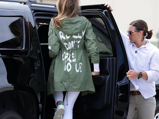 Amid the public outcry that the US government were separating migrant children from their families,  First Lady Melania Trump travelled to Texas to visit facilities that house and care for children taken from their parents at the U.S.-Mexico border. Not exactly wearing her heart on her sleeve - more like on the back of her jacket.