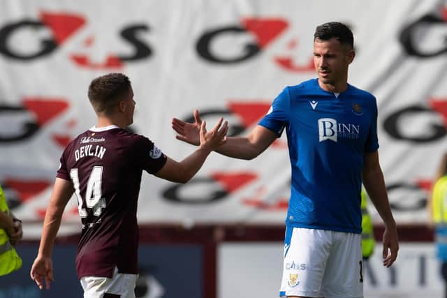 Cammy Devlin and St Johnstone's Ryan McGowan shake hands at full time. Picture: Ross Parker / SNS