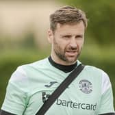 New Hibs team captain David Marshall takes part in training ahead of the opening-day trip to St Johnstone