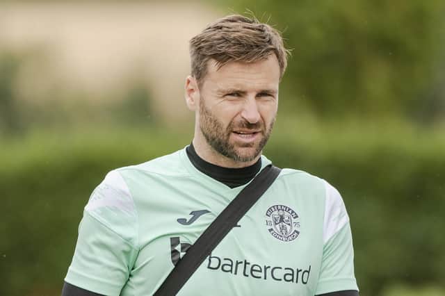 New Hibs team captain David Marshall takes part in training ahead of the opening-day trip to St Johnstone