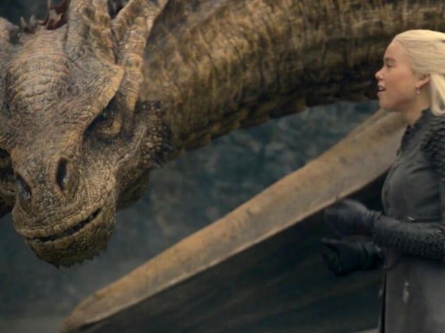Syrax the she-dragon is ridden by Princess Rhaenyra Targaryen (Emma D'Arcy / Milly Alcock), who is named heir to the throne by her father King Viserys (Paddy Considine). Syrax has yellow scales and is huge and formidable, but not as battle-hardened as Caraxes.