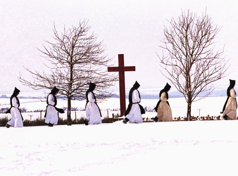 Monks from Nunraw walking through the snow in February 1991.