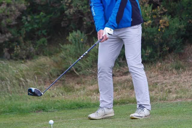 Scott Johnston of the Heriot's Quad on the tee in the Dispatch Trophy final at Braid Hills. Picture: Scott Louden