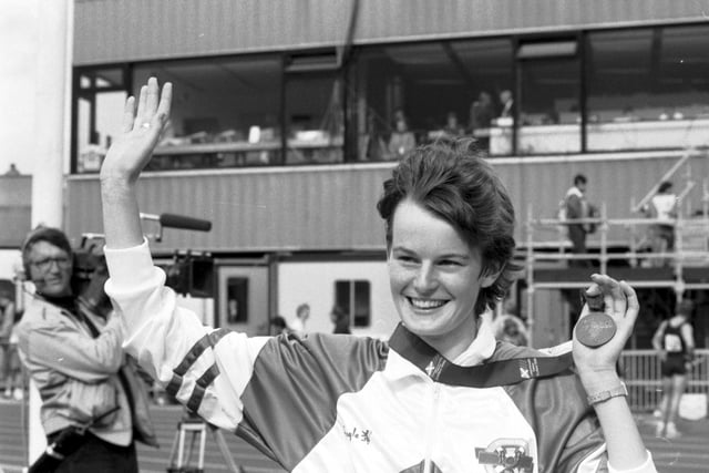 Scottish athlete Yvonne Murray with the bronze medal she won in the Women's 3000m at the Edinburgh Commonwealth Games 1986.