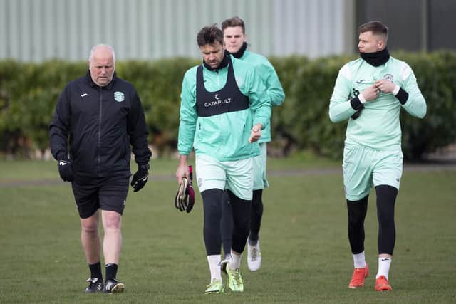 Maksymilian Boruc alongside last season's No.1 David Marshall and goalkeeping coach Stuart Garden (right to left) during his trial period at Hibs in March earlier this year. Picture: SNS