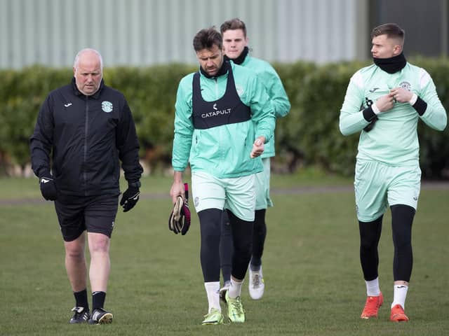 Maksymilian Boruc alongside last season's No.1 David Marshall and goalkeeping coach Stuart Garden (right to left) during his trial period at Hibs in March earlier this year. Picture: SNS