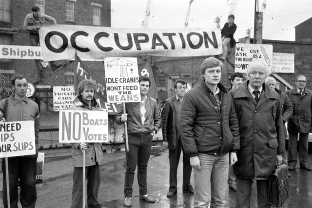 Jim Stocks, from the Confederation of Shipbuilding Unions and John Keggie (left), at the Henry Robb shipyard, January 1984. Workers from the yard had occupied the premises in an attempt to prevent its closure.