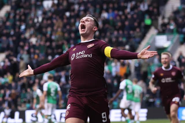 Lawrence Shankland celebrates putting Hearts 2-0 up at Easter Road.