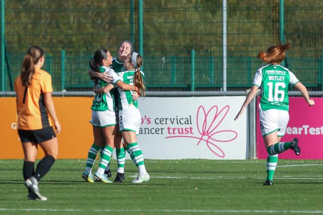 Hibs celebrate the opening goal against Glasgow City in the SWPL Cup. Credit: Colin Poultney/CollargeImages