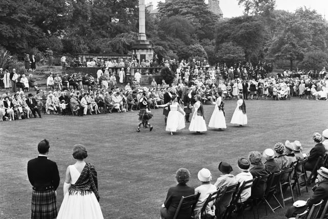 Scottish Country dancers at the Edinburgh Festival Garden Party held in the grounds of George Heriot's school in August 1966.