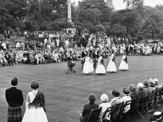 Scottish Country dancers at the Edinburgh Festival Garden Party held in the grounds of George Heriot's school in August 1966.