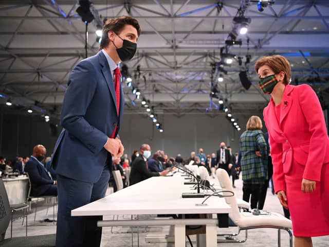 Nicola Sturgeon meets Canadian Prime Minister Justin Trudeau on day two of the COP26 climate change summit (Picture: Jeff J Mitchell/pool/AFP via Getty Images)