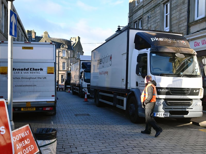 A lot happens behind the scenes when film crews turn up in town.
Pictured are just some of the production trucks which arrived in Bo'ness this week.