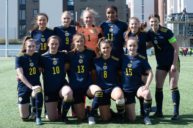 Scotland line up before their qualifier against Estonia at Ainslie Park in April. They will be back at the same venue this week aiming to reach the tournament finals. Picture: Mark Scates / SNS