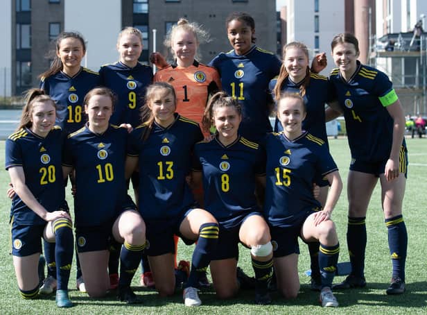 Scotland line up before their qualifier against Estonia at Ainslie Park in April. They will be back at the same venue this week aiming to reach the tournament finals. Picture: Mark Scates / SNS
