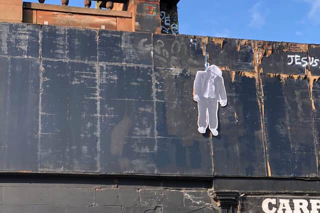 The disturbing image of Boris Johnson was pictured hanging from a building in Leith Walk. Pic: Iain Whyte.