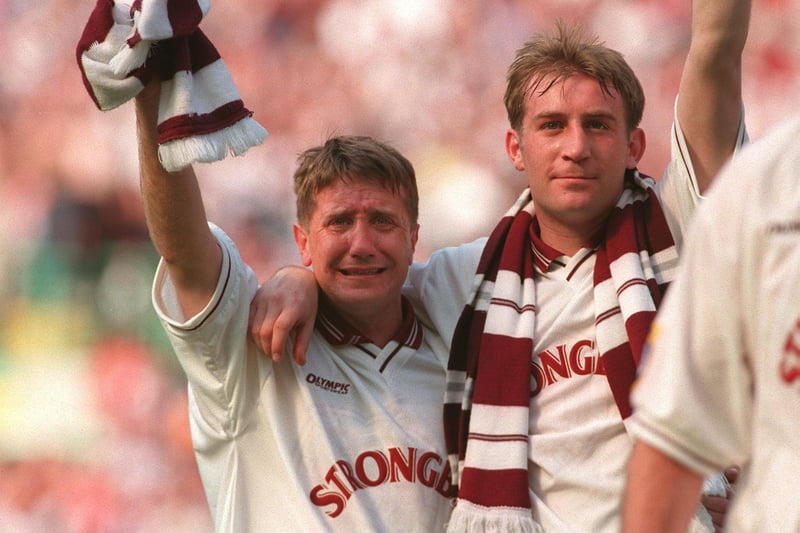 Hearts wore their white away strip in the Rangers v Hearts, 1-2, Scottish Cup Final at Celtic Park in 1998. It was an emotional victory for Hearts as they picked up their first major trophy since 1962.