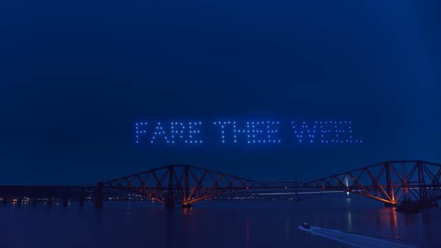 A swarm of drones spells out 'Fare thee weel' as part of Edinburgh's online Hogmanay celebrations