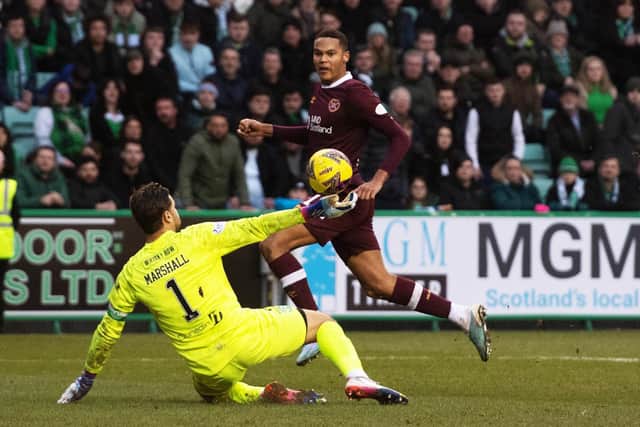 Toby Sibbick scores to make it 3-0 to Hearts during their victory over Hibs in the fourth round of the Scottish Cup. Picture: SNS