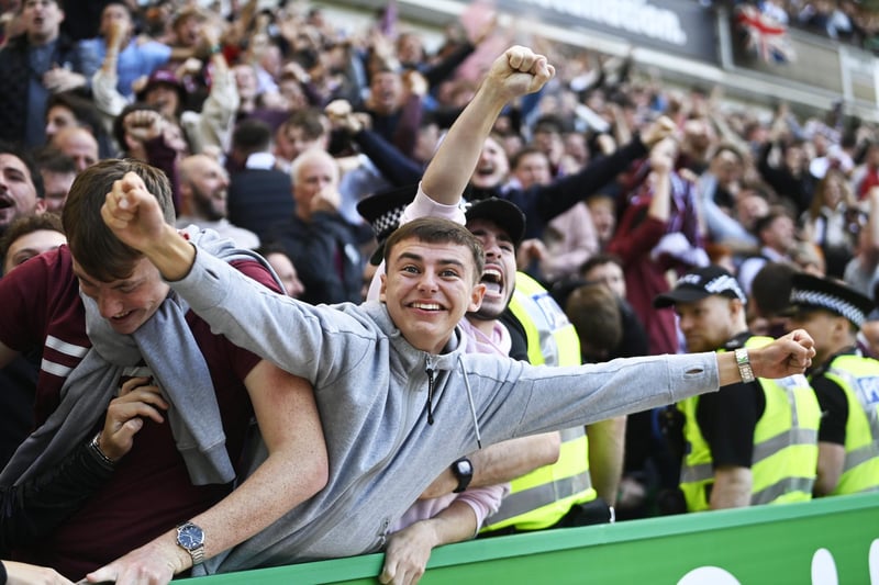 Hearts fans celebrate going in front during the match against Hibs at Easter Road in August